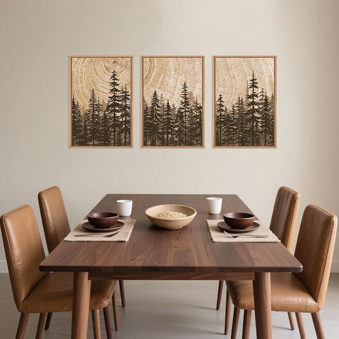 Forest Pine Tree Framed Canvas Wall Art Set,Rustic Woodland Landscape Wall Decor,Large Vintage Natural Painting,Retro Brown Artwork for Living Room,Bedroom, Kitchen,Study,Office-24 x36 x3