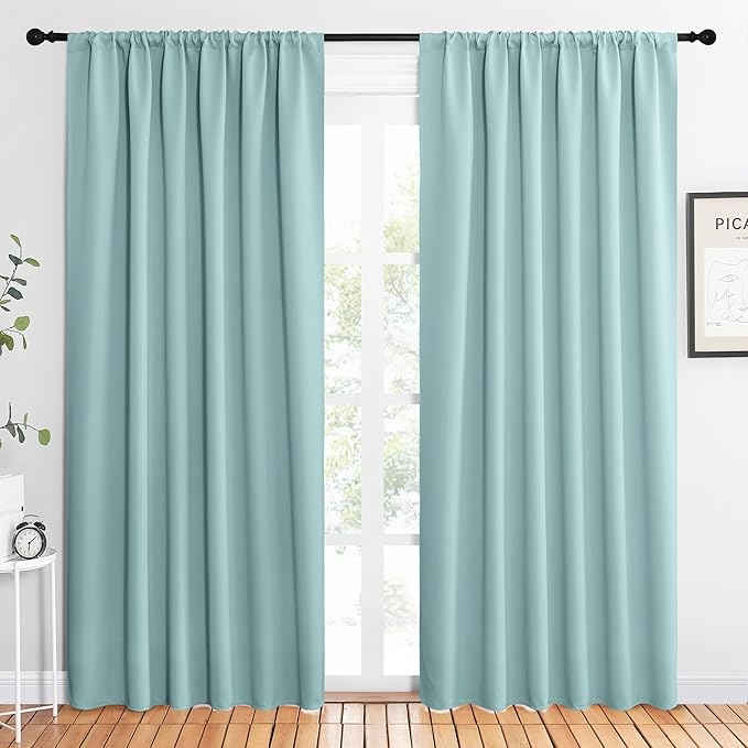 NICETOWN 2 Panels Blackout Curtains, Rod Pocket Thermal Insulated Drapes 84 inches Long, Easy-Care Modern Home Decoration Sunshades for Guest Room, Living Room, Office, 62 x 84 Inch, Aqua Green