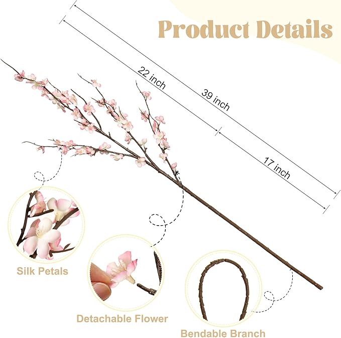 Ammyoo 4Pcs Cherry Blossom Branches Artificial Flowers for Spring Summer Indoor Decoration,Faux Long Stem Artificial Flowers for Wedding Home Office Bedroom Party Table Centerpieces Decor (Pink)