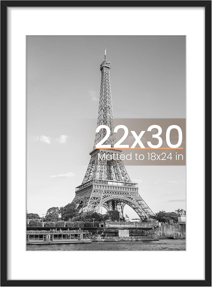 upsimples 22x30 Picture Frame, Display Pictures 18x24 with Mat or 22 x 30 Without, Wall Hanging Poster Frames, Black, 1 Pack