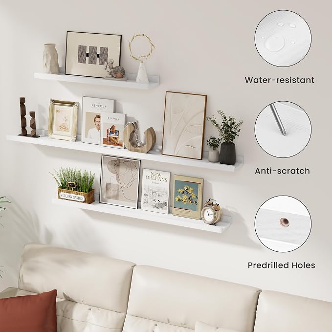 Acovy Solid Ash Wood Picture Ledge Shelf, Floating Shelves Set of 2, 56 Inch Long Large Ledge Shelves, Nursery Book Shelves Wall Mounted for Living Room Bedroom Kitchen Decor Kids Bookshelf, White