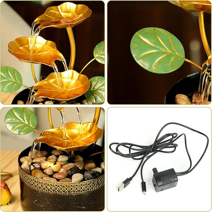 TiCin Tabletop Water Fountain with Gold Lotus Flowers, 9.8 x 6 x 6 inches, USB Powered, Indoor Relaxation Decor with Rocks