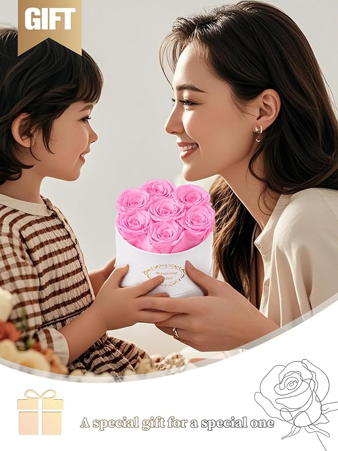Beaulasting Long Lasting Preserved Roses in a Box Last a Year Forever Flowers for Her Mom Wife Anniversary Birthday (Round White Box, Light Pink)