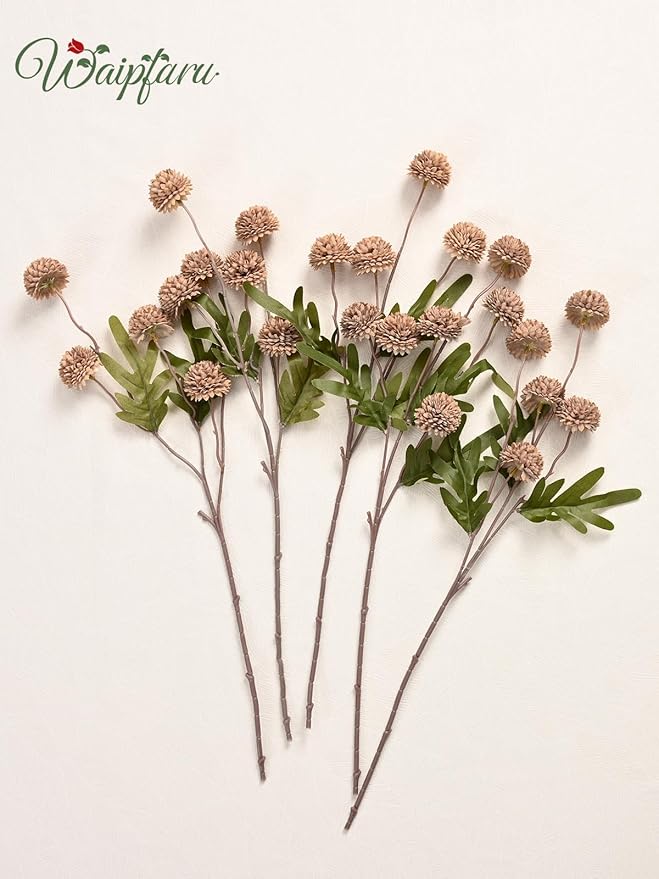 Waipfaru 10pcs Fake Silk Pompon Mum Artificial Flowers, Bulk Faux Mini Chrysanthemums, for Centerpieces Wedding Fillers Champagne Arrangements, No vase, Brown