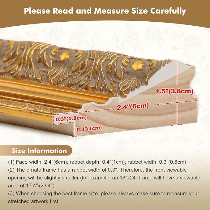 DIY Open Back Wood Frame for 30x30 Canvas Paintings, 2.4” Wide Ornate Art Frame for Stretched Canvas Prints Artwork, Gold Wall Decor for Home Office Gallery (No Plexiglass & Backing Board)
