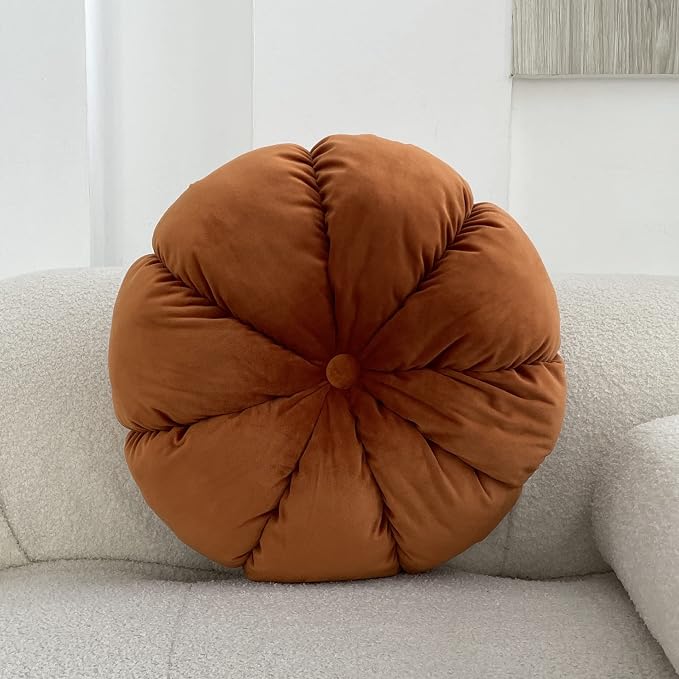 MOJUN Round Velvet Pillow Pumpkin Pleated Cushion Throw Pillow Home Decorative for Couch Chair Bed Car (Dark Orange, 17.7 inch)