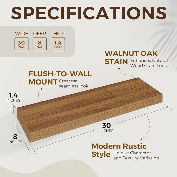 Dreamland 30Inch Walnut Floating Shelves 8" Deep Wall Mounted Set of 2 | Wall shelves for bathroom, bedroom, Living Room, kitchen, deep wall mount wood storage display for home decor 30" x 8"