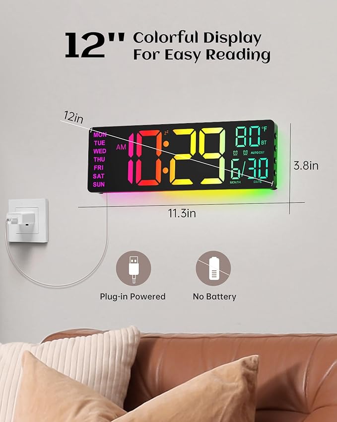 EASYERA 12" Digital Wall Clock for Classroom Livingroom Game Home Decor with LED Display RGB Lights, BIuetooth Sync, Dual Alarms, Auto DST, Countdown, Remote Control, Temperature