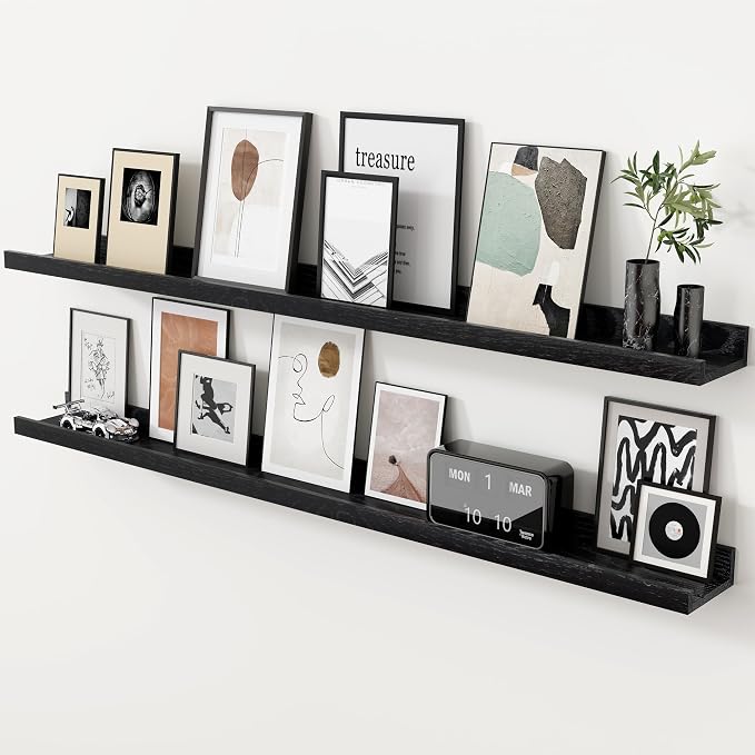 Axeman Oak Picture Ledge Shelf, 48 Inch Floating Shelves Set of 2, Solid Oak Wood Wall Shelves with Lip, Wall Decor Storage for Bedroom Living Room Bathroom Kitchen Nursery Photo Picture, Black