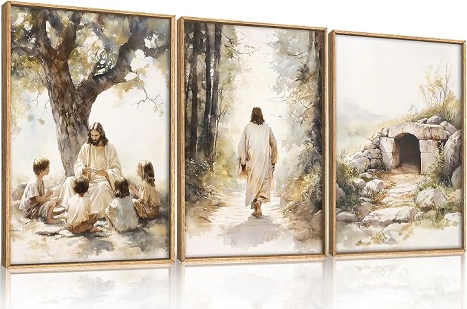 Large Jesus Teaching Children on Path Framed Canvas Wall Art,Empty Tomb Christian Wall Decor,Spiritual Religious Bible Artwork for Living Room,Bedroom,Dining Room,Office-16 x24 x3