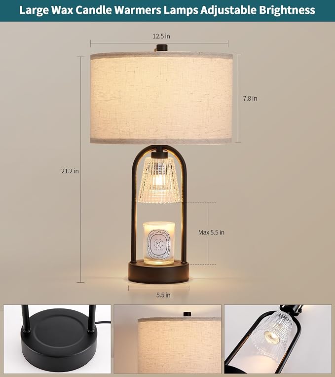 2-in-1 Table Lamp Candle Warmer Lamp with Timer & Dimmer,Modern Wax Melt Warmer for Jar Candles Bedroom Living Room Office Home Decor,Birthday Gifts for Mom Women D12.5*H21.2 Bulbs Included