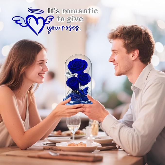 Preserved Rose in Glass Dome - Forever Flowers for Women, Mom, Wife - Birthday, Anniversary, Valentine's - Fresh Flowers for Delivery Prime (Blue)