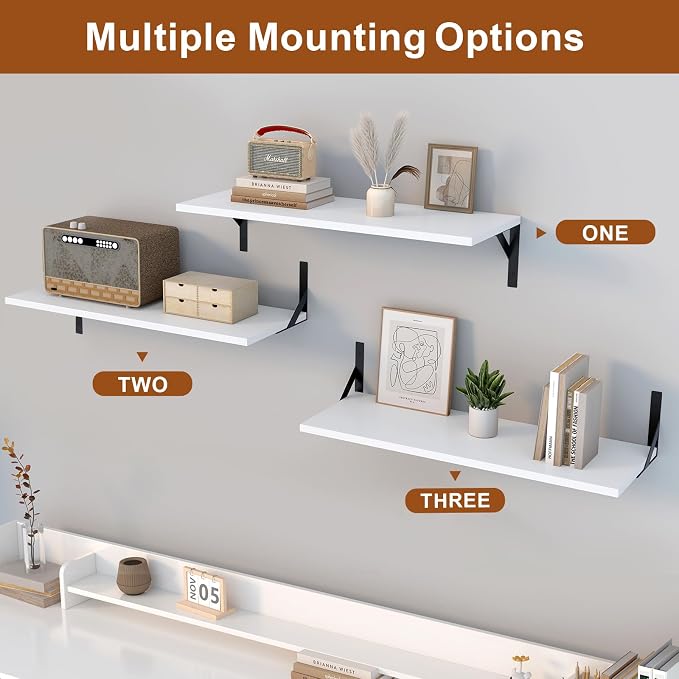 Large Wall Shelves, 31.5" W x 12" D Long Floating Shelves Set of 2, Wide Display Wood Shelf Wall Mounted with Heavy-Duty Metal Brackets for Bedroom Books, Living Room, Kitchen, White