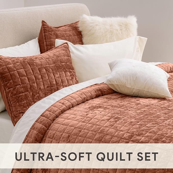 RECYCO Luxury Velvet Quilt Set Full Queen Size Bedding Sets, Ultra Soft Velvet Comforter Set, Lightweight Channel Box Stitch Oversized Bedspread Coverlet for All Season, with 2 Shams, Terracotta
