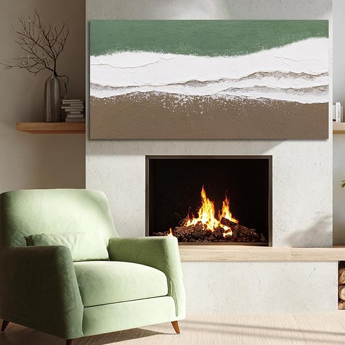ZUNARE Abstract Green and White Wall Art Modern Canvas Painting with Soft Flowing Texture, Neutral Brown Tones Calming Artwork for Living Room Bedroom Kitchen Office Wall Decor 24"x48"