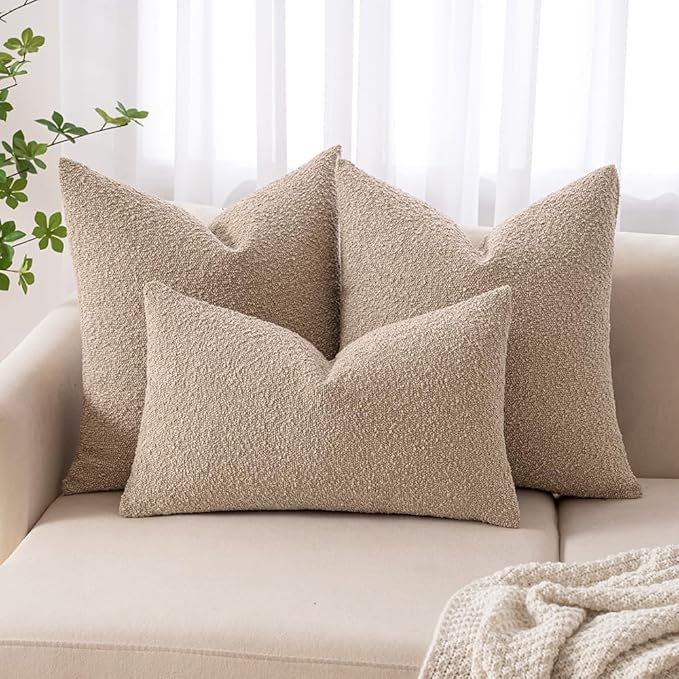 MIULEE 20x20 Inch Decorative Pillow Covers for Couch Bed Set of 2 Textured Boucle Neutral Throw Pillow Covers Taupe Khaki Camel Accent Solid Pillowcases Sofa Living Room Home Decor