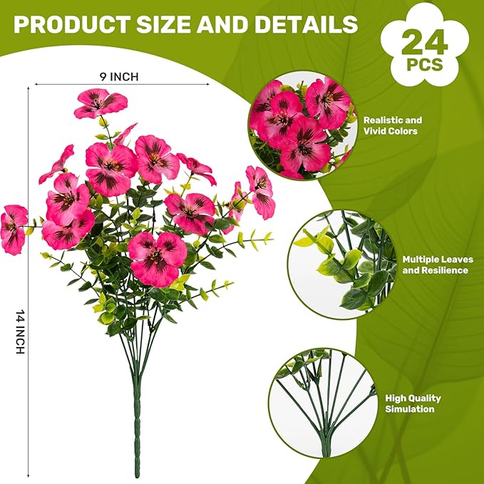24 Pcs Artificial Fake Pansy Flowers for Outdoor,Faux Silk Plants Flowers UV Resistant Pansies Spring Flowers for Planter Front Door Porch Yard Patio Garden Window Box Home Decor(Dark Pink)