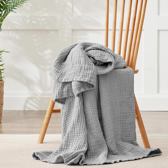 100% Cotton Muslin Blanket Twin 66" x 90", Breathable and Lightweight Cotton Twin Blankets for Couch, Soft Cooling Summer Gauze Blanket for Adults All Season, Light Grey