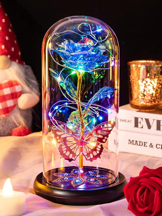 Mothers Day Flowers Gifts for Mom Women Birthday Gift Galaxy Glass Rose Forever Eternal Crystal Flowers Rose in Glass Dome with Butterfly Mother's Day Roses Gifts for Mom Daughter Wife Grandma Blue