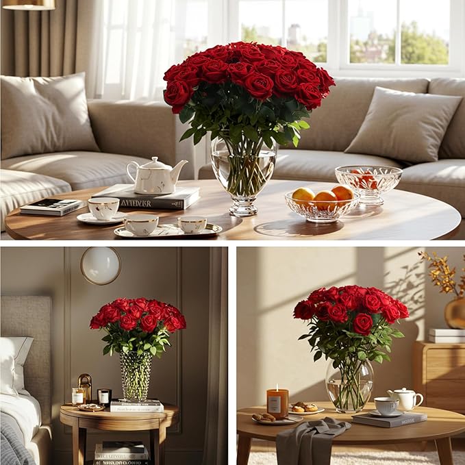 Auihiay 104pcs Red Roses Artificial Flowers - Realistic Faux Red Roses for Wedding, Table Centerpiece, Home Party, Valentine's Day, Mother's Day, Anniversary Decorations