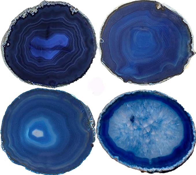 JIC Gem 3.5-4'' Dyed Blue Color Sliced Brazilian Agate Coasters Polished Natural Geode with Rubber Bumpers for Small Size Cup Home Decoration Set of 4