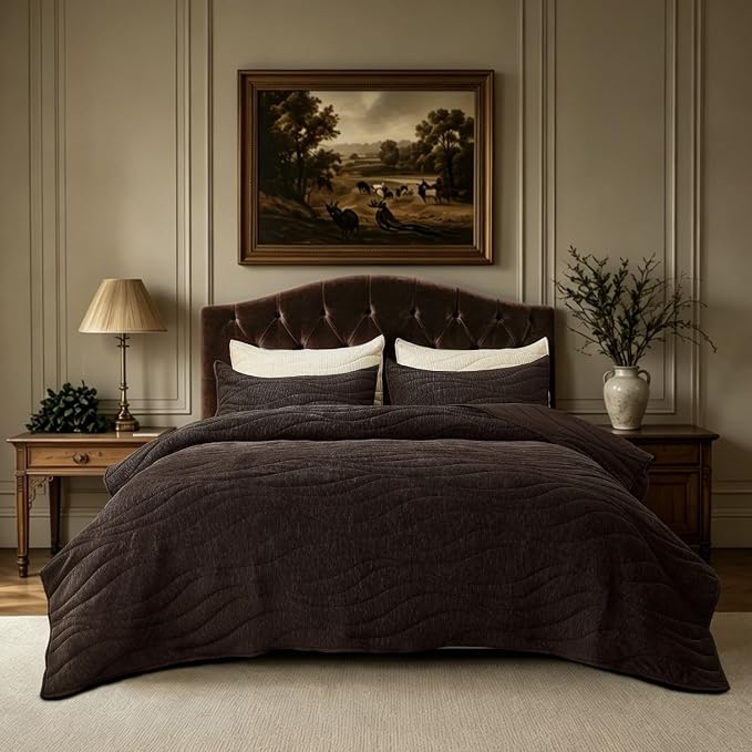 DOWN HOME Crinkle Textured Velvet Quilt Set with Shams, All-Season Luxury Modern Bedding,Easy Care Comforter,Ultra-Soft,Lightweight & Breathable, Cali King, Antique Brown
