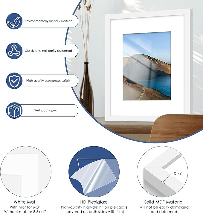 PEALSN 8.5 x 11 Picture Frame Set of 6, Display Pictures 6x8 with Mat or 8.5 x 11 without Mat for Wall Mounting Display, Photo Frames Collage for Wall Decor, White Woodgrain.
