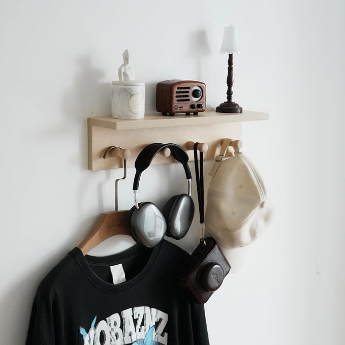 Entrance Coat Rack ，Coat Hooks, Wall-Mounted Wooden Hook Rack, Wall-Mounted Shelves are Very Suitable (Birch Colored Finish)