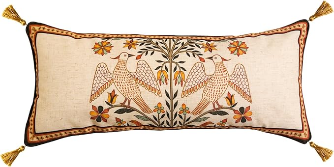 bilin gaier Designer French Linen Throw Pillow Cover,28"x12"-Seville A | Vintage Elegant Rectangular Pillow Cover,Concealed Zipper,Floral and Bird Pattern,Sofas,Bedroom,Living Room,Chairs