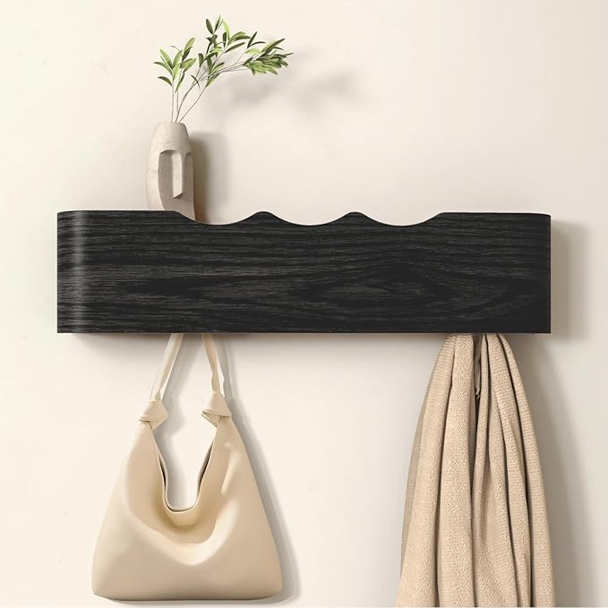 Wall Mounted Coat Rack with Shelf, Wooden Entryway Organizer with Hidden Metal Hooks for Hanging Coats Bags Keys, Modern Floating Shelf for Hallway Bathroom