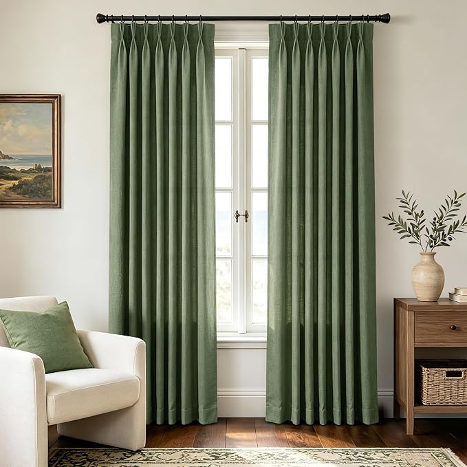 Olive Green Trible Pinch Pleat Linen Curtains for Living Room 2 Panel Set 40x120