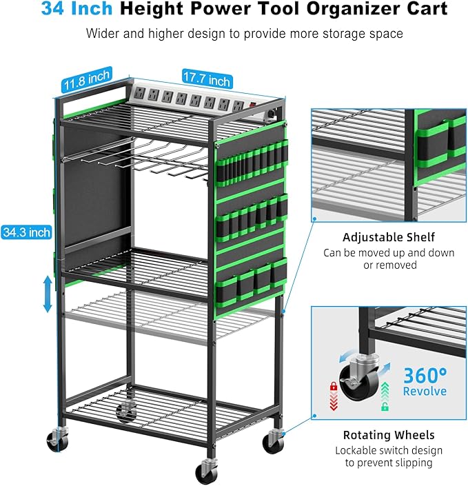JUNNUJ Large Power Tool Organizer Cart with Charging Station, Garage Floor Standing Rolling Drill and Tools Battery Storage Cart on Wheels, Heavy Duty Rack Shelf with 8 Outlet Power Strip, Green