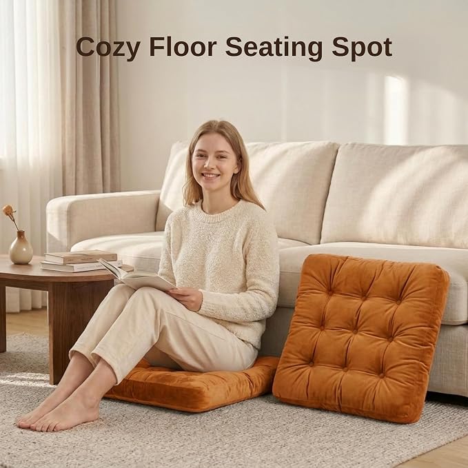 Floor Pillows for Adults Set of 2, Soft Velvet Floor Cushions for Sitting, Square Tufted Floor Pillow Set for Reading Nook, Living Room, Bedroom, 22 x 22 Inch, Orange