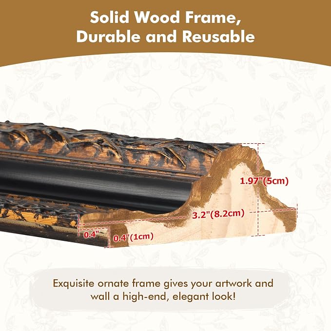 Classical DIY Wood Plein Air Frame for 18x24 Handmade Paintings, 3.2” Wide Antique Black Gold Embossed Art Frame for Artists Exhibition Gallery Show Memorial Portrait, No Glass Cover & Back