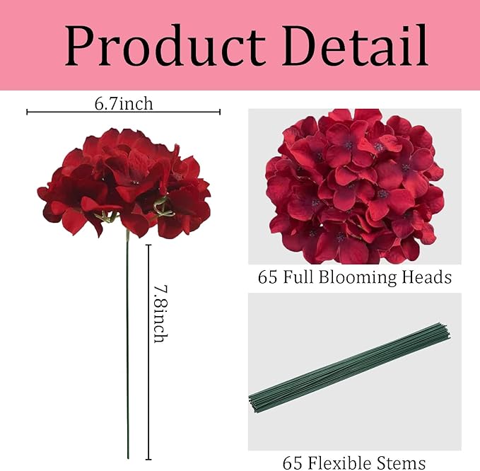 65Pcs Deep Red Hydrangea Artificial Flowers Bulk，Realistic Silk Fake Flowers with Stems，Faux Hydrangea Flowers for Wedding Home Decor Centerpieces Living Room Garden Party Baby Shower Decor
