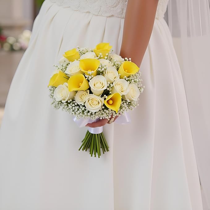 Floral Kingdom 20 Pack Artificial Calla Lily Flowers 14 Inch Yellow - Real Touch Latex Flowers for Home Decor, Kitchen Counters, Breakfast Nooks & Weddings
