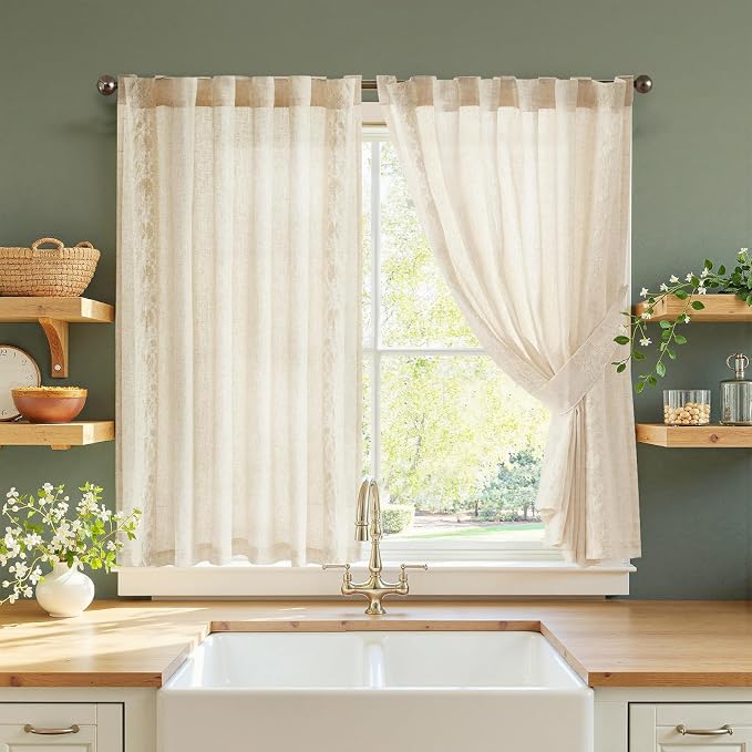 jinchan Ivory Floral Embroidered Short Linen Curtains 54×54 Inches 2 Panels | Light filtering, back tab, rod pocket, cafe curtains for kitchen bedroom living room, cottage farmhouse, small window