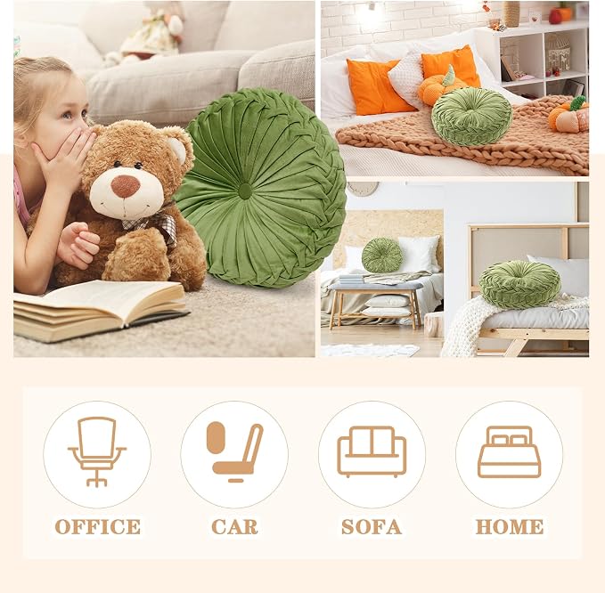 Drydiet 1 Pcs Round Throw Velvet Pillows Decorative Pleated Throw Pillows Diameter Accent Pumpkin Boho Chair Cushion for Couch Sofa Home Decoration (Olive Green,15'')