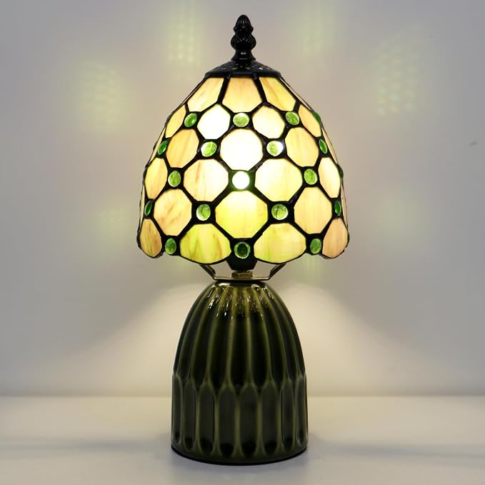 Tiffany Stained Glass Mushroom Table Lamp 12.5 Inch -Amber Pearl | Tiffany Lamp,6X6X12.5 Inch,Small Night Light,Ceramic Base, Mini Accent Light Suitable,Bedside,Bedroom, Children Room,Antique