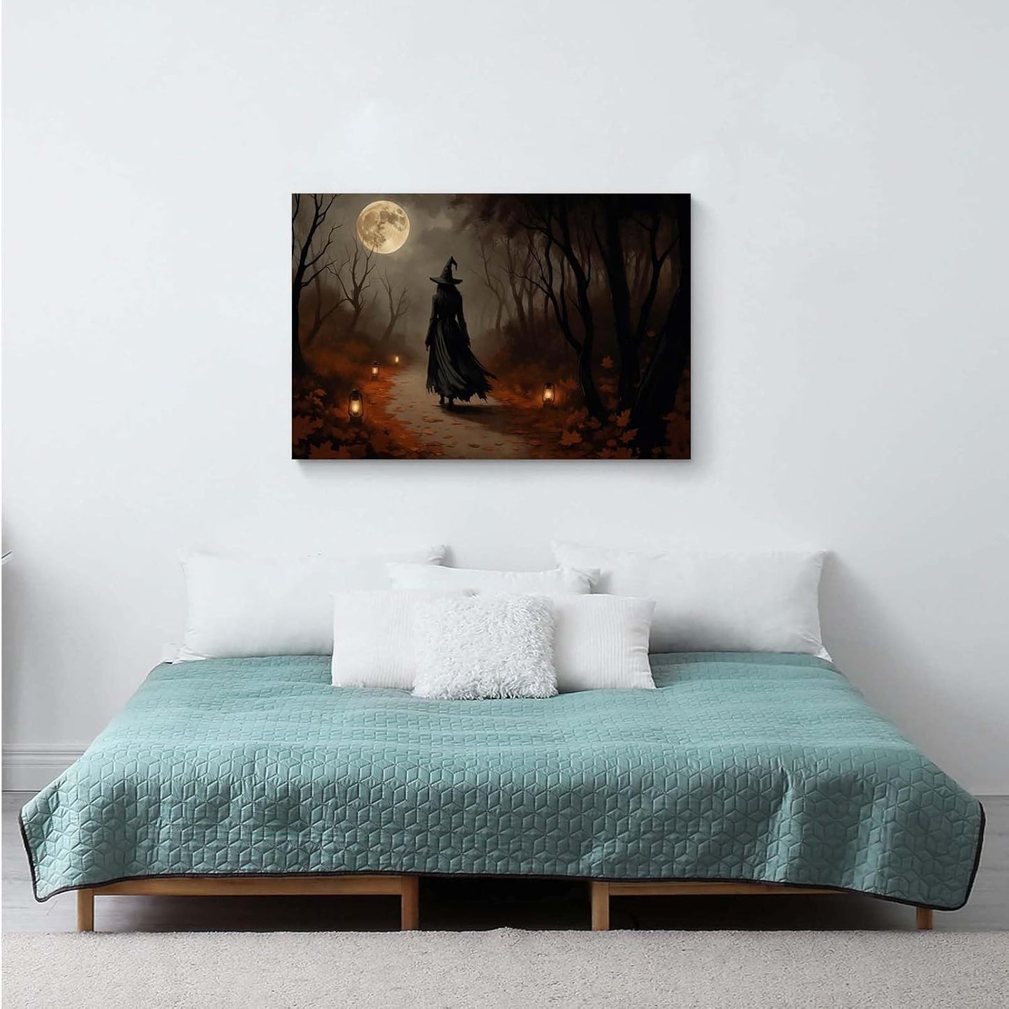 JFHCQJPK Moonlight witch poster dim lantern Halloween decoration Gothic style dark retro college style canvas wall art suitable for living room bedroom8x12in Frameless