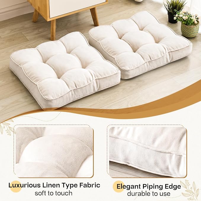 1 MIDDLE ONE Floor Pillow Set of 2, Memory Foam Floor Cushions for Adults, Large Meditation Pillow for Sitting, 22 x 22 Inches (Square | Beige)