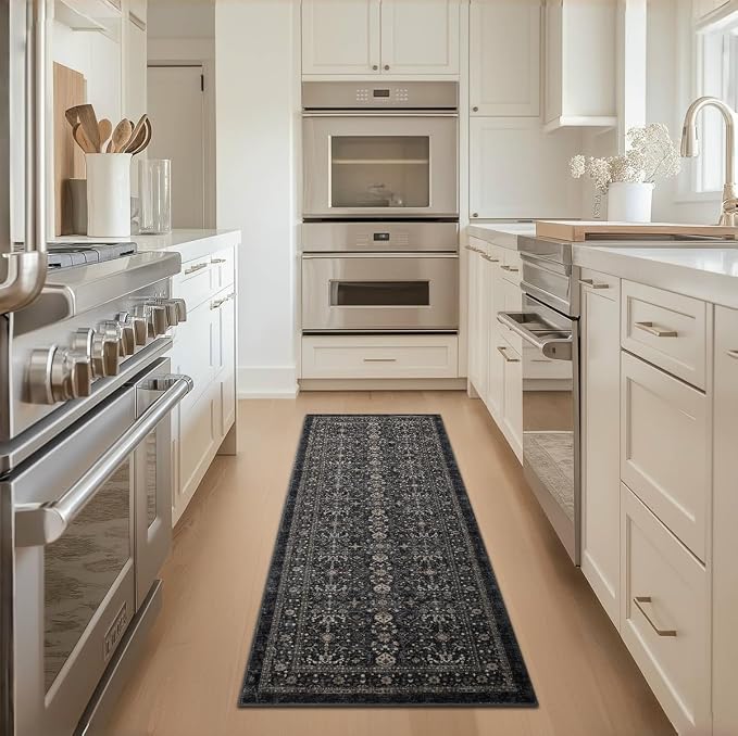 Ruaruarug Washable Area Rug Runner 2×6 for Kitchen Living Room Bedroom, Ultra Soft Non Slip Stain & Fade Resistant, Pet & Kids Friendly, Suitable for High Traffic Areas Easy to Clean, Black Grey