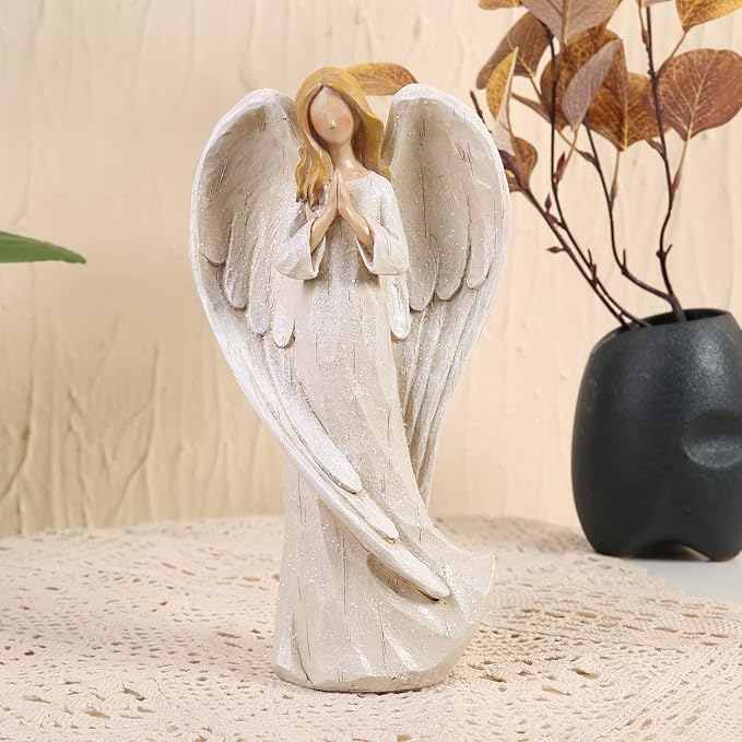 Hodao Praying Angel Figurine Resin Guardian Angel Statue for Home Decor, Elegant White Blessing Sculpture for Shelf Table Mantel, Keepsake Gift for Mom, Women and Family