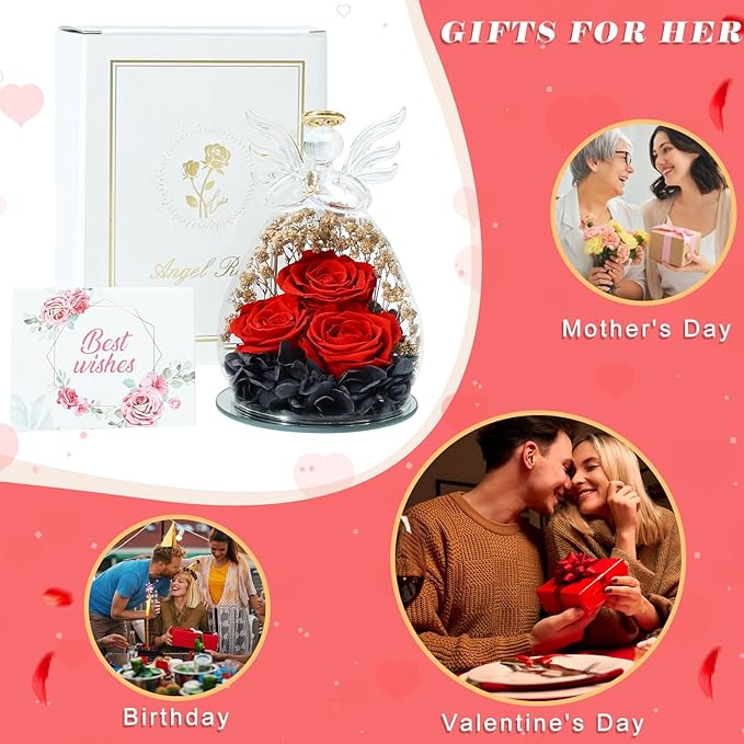 Beferr Mothers Day Mom Birthday Gifts for Women, Fresh Flowers for Delivery Forever Preserved Rose in Glass Angel Figurine, Anniversary Christian Real Rose for Grandma Nana Wife Mum from Daughter Son