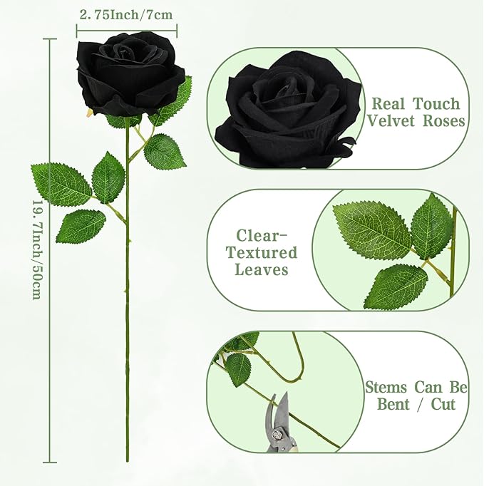 Waipfaru 50 Pcs Black Roses, Fake Roses Artificial Velet Flowers for Valentines Mothers Day Wedding Centerpieces Decor (Black)
