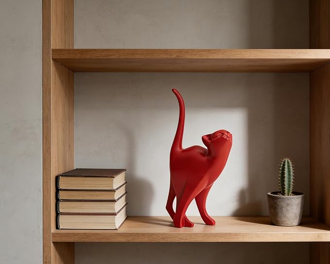 Red Cat Statue Modern Abstract, Home Office Shelf Decor, 7-Inch Vibrant Assorted Colors, Easy to Match Any Decor Style