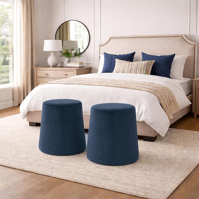 HomePop Organic Shape Ottoman (No Lid, Seat Only) | HomePop Home Décor | Round Pouf Foot Rest – Blue Velvet