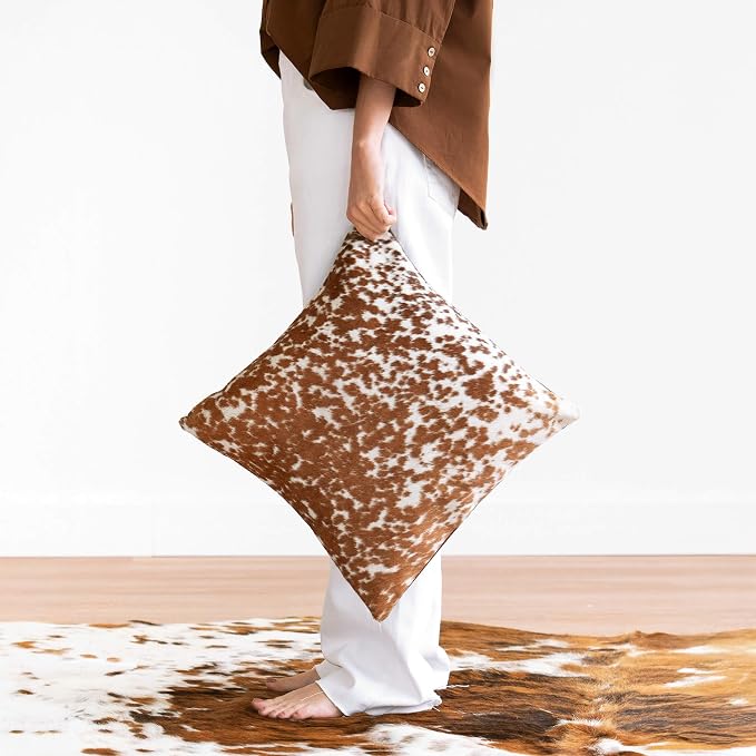 ecowhides 100% Genuine Brazilian Cowhide Pillow Cover – Brown Salt and Pepper – Double-Sided – Luxury Leather Decorative Cushion for Rustic & Western Home Décor – 15” x 15”