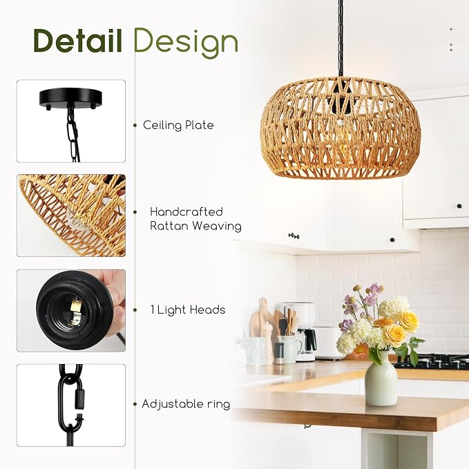 11.8" Rattan Pendant Light, 1-Light Boho Rattan Chandelier Light Fixture, Small Hand Woven Pendant Lighting for Kitchen Island, Living Room, Bedroom, Hallway, Foyer