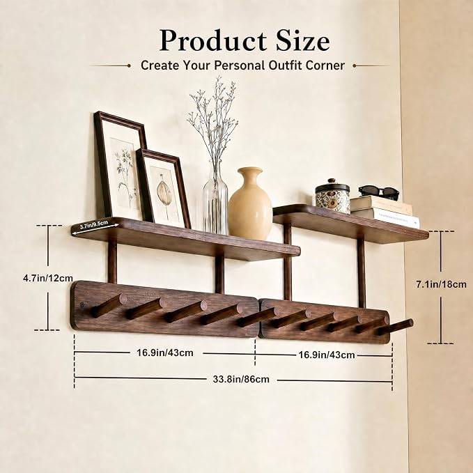 Coat Rack Wall Mount with Shelf, Adhesive or Drilling Mount, 2 Pack Wall Shelf with 10 Wooden Hooks, Hanging Storage for Clothes, Hats, Towels, Keys, Bags, for Entryway, Bathroom
